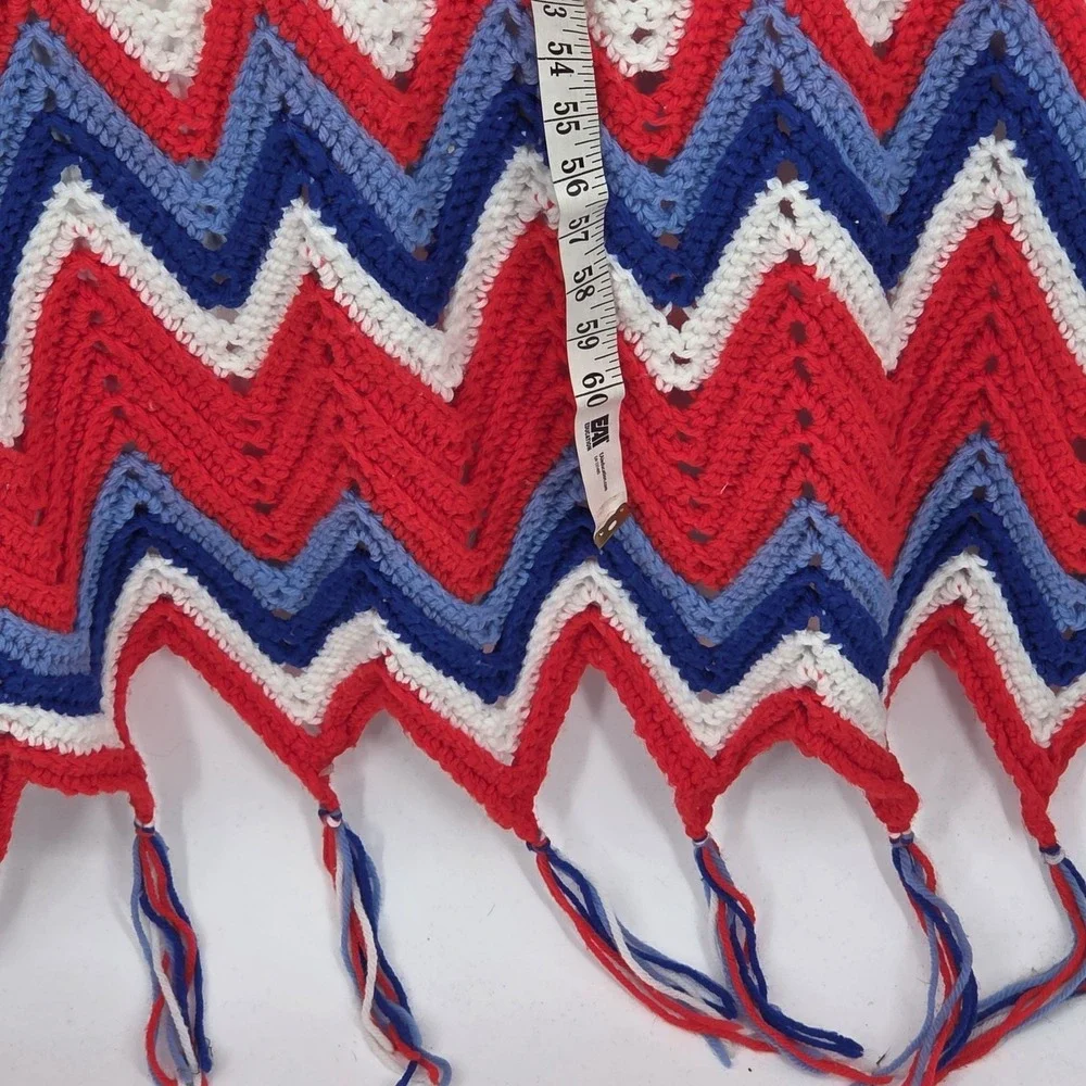 Vintage Handmade Crochet Afghan Blanket With Fringe – Red/White/Blue 72